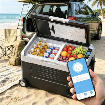 Zdjęcie produktu dla Hcalory – lodówka turystyczna o pojemności 35 litrów, 12 V/24 V, przenośna mini lodówka z Bluetooth, elektryczna zamrażarka, mała zamrażarka do samochodu i na kemping, wyposażona w kółka i uchwyt