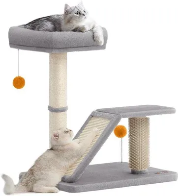 Image de Arbre à chat - Plateforme, rampe pivotante, brosses, boules en peluche - Hauteur 60 cm - Gris clair