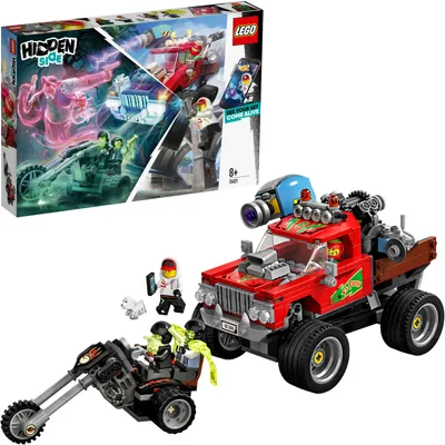 A LEGO Hidden Side El Fuego's Stunt-Truck set, including the box and assembled toy.