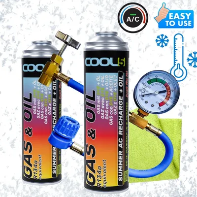 Produktbild von Klimaanlagen-Kältemittel-Set 2x 2-in-1 + Cool5 A/C-Schlauch R134a-Ersatz + Mikrofasertuch