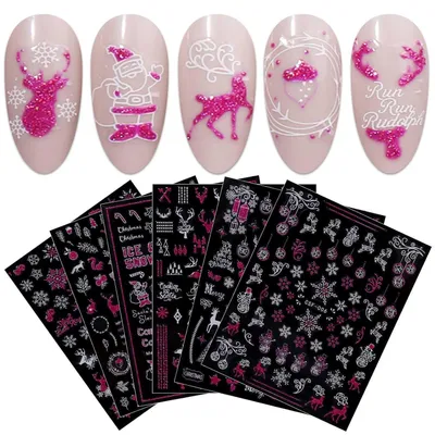 Produktbild von Nagelsticker Weihnachten Rosa Glitzer 9 Blatt Nail Art Selbstklebend Schneeflocke Winterurlaub Dekoration Dunkelrosa & Weiß