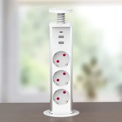 Produktbild von Versenkbare Steckdose USB C und 2 USB A, 3 Fach Tischsteckdose Versenkbar mit Kindersicherung 1.8m Kabel, Einbausteckdose, 4000W/16A, Ø 60mm Weiss