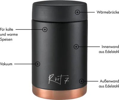 Produktbild von Root7 - Thermo Lunchbox Isoliert Edelstahl 500ml, Thermosbecher Essen, BPA-frei, Thermobecher Essen, Kompakte Größe, Thermo Speisebehälter - Lunchbox Thermobehälter Suppe Schwarz, mit Kupferelementen