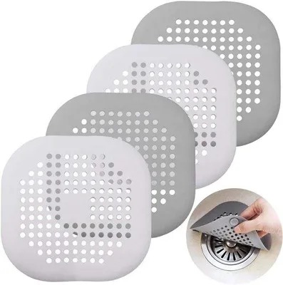 Produktbild von Silikonische Abflussbeschützer - 4er-Pack mit Düse und Haarfänger - Abflussabdeckung für Küche und Dusche - weiß und grau