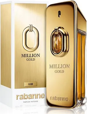 A gold perfume bottle and its packaging are displayed against a white background.