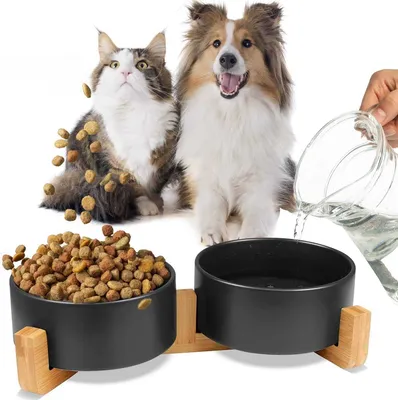 Produktbild von MERSJO Keramik Doppelschale Holz, Fressnapf Hund und Katze, Bowl Schüssel mit 2 Keramiknäpfen auf Stabilem Naturholzsockel, 2x400 ml, Schwarz