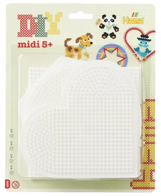 Produktbild von Hama Perlen 4580 Große Stiftplatten 4er Set für Midi Bügelperlen mit Durchmesser 5 mm, Motive Kreis, Herz, Viereck und Sechseck in weiß, kreativer Bas
