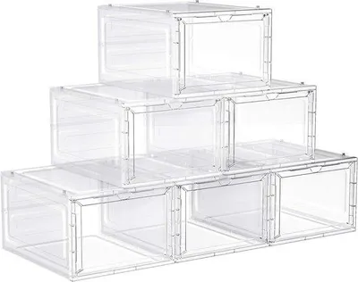 Zdjęcie produktu dla Plastikowa szafka na buty, plastikowy organizer, z drzwiami, przezroczysta, plastikowe pojemniki, zestaw 6 sztuk, z możliwością ustawiania jeden na drugim, łatwy montaż, 27 x 34,5 x 19 cm, na buty do rozmiaru 46, biała