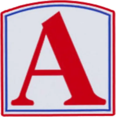 A stylized red letter 'A' on a white background, framed by red and blue borders.