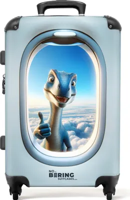 Obrázok produktu pre NoBoringSuitcases.com Detský kufor strednej veľkosti 67x43x25 cm, 72L, detské potlače pre chlapcov: Modrý - Dino v lietadle, cestovný kufor so 4 kolieskami