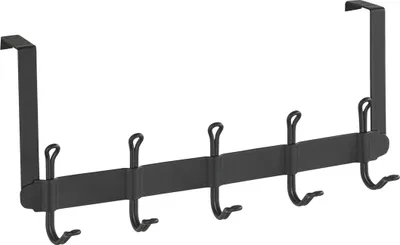 A black over-the-door hook rack with five hooks against a white background.
