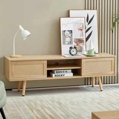 Produktbild von okwish Fernsehtisch Rattan Geflecht mit Schiebetüren und Stauraum TV-Schrank mit Verstellbare Einlegeböden Wohnzimmer Natur