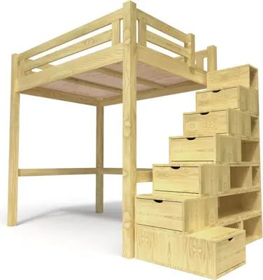 Produktbild von Hochbett in holz 160x200 Alpage mit treppenregal - Honig
