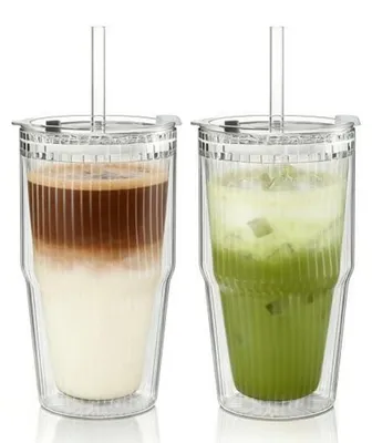 Produktbild von Doppelwandige Gläser Set 2er, 480ml, mit Deckel & Strohhalm, für Heiß- & Kaltgetränke