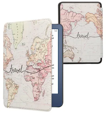Produktbild von kwmobile Schutzhülle für Amazon Kindle (2022/2024) Hülle - eReader Flip Case mit Auto Sleep Funktion - Travel Schriftzug mit Schwarz Mehrfarbig