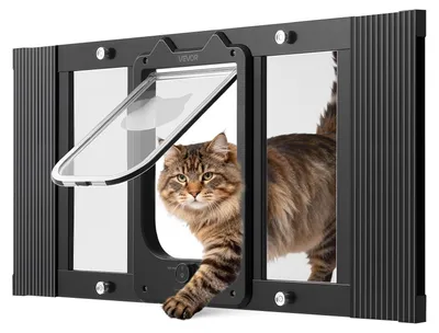 Imagen del producto de VEVOR: Puerta para gatos, ajustable a diferentes anchos de ventana (686-813 mm), puerta para mascotas resistente a la intemperie con 4 modos de bloqueo seguros, marco de aluminio, cristal de alta transparencia y cierre magnético, color
