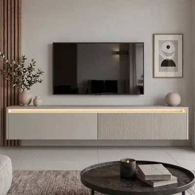 Produktbild von Modernes TV-Lowboard 170 cm LUMI IV Kaschmir Matt - Hängender, geriffelter Fernsehschrank mit LED-Beleuchtung & Push-to-Open
