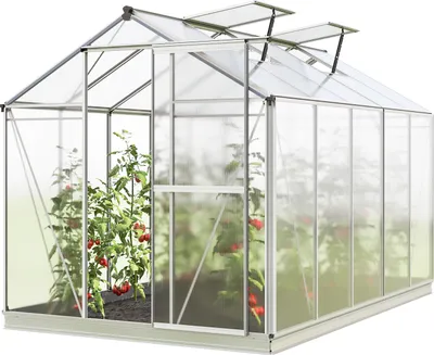 Zdjęcie produktu dla GFP Szklarnia Jasmin 5 rama aluminiowa 192 x 317 cm panele poliwęglanowe - z ramą fundamentową i 1 aut. mechanizm otwierania okien