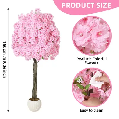 Zdjęcie produktu dla Sztuczne drzewo wiśni - roślina doniczkowa, wysokość 152 cm - realistyczne kwiaty z jedwabiu - naturalnie wyglądający pień - gęsta korona - idealne do mieszkań i biur - kolor różowy
