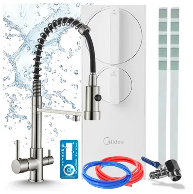 Zdjęcie produktu dla Bateria kuchenna z systemem filtracji wody, dwuuchwytowa, wykonana z mosiądzu, z perlatorami, elementy ze stali nierdzewnej. W zestawie węże przyłączeniowe. Kompatybilna z systemem RO5 do odwróconej osmozy o wydajności 400 GPD