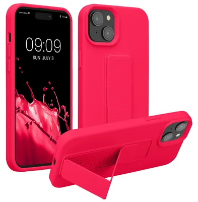 Produktbild von kwmobile Handyhülle für Apple iPhone 15 Plus Hülle - TPU Silikon Case mit Fingerhalter und Stand - Schutzhülle Cover in Neon Pink