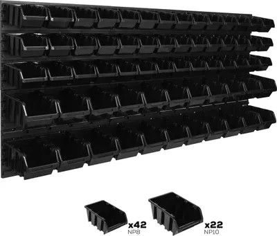 Produktbild von Lagersystem Wandregal 1734 x 780 mm | 64 stck. Box | Stapelboxen Schüttenregal Sichtlagerkästen | Extra Starke Wandplatten | Regal Erweiterbar | Werkstattregal Lagerregal Werkstattwandregal Steckregal