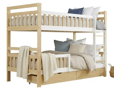 Produktbild von Etagenbett 90x200 cm in Weiß und Natur, teilbar in 2 Einzelbetten, mit Leiter, Rausfallschutz und 2 Schubladen, ohne Matratze, KI-generiertes Bild