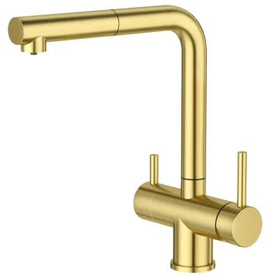 3-Wege-Küchenarmatur, ausziehbar, Trinkwasser, gebürstet gold