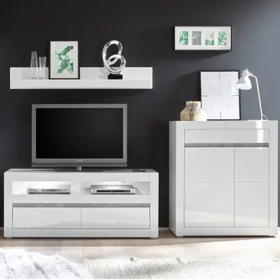 Produktbild von Wohnwand mit LED in Hochglanz weiß und Griffmulden Betonoptik COGO-61 BxHxT: 265x135x42cm