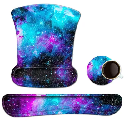 Obrázek produktu pro Ergonomická sada podložek pod myš s opěrkou zápěstí, vyrobená z paměťové pěny, s protiskluzovou základnou, motiv galaxie
