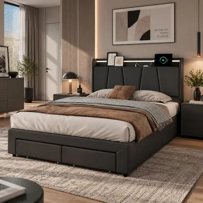 Immagine prodotto di Letto imbottito idraulico INONEFT, 160x200 cm, con LED e USB, 2 cassetti, letto per ragazzi con testiera imbottita e spazio contenitivo, tessuto: lino, colore: grigio scuro, Immagine generata dall'IA
