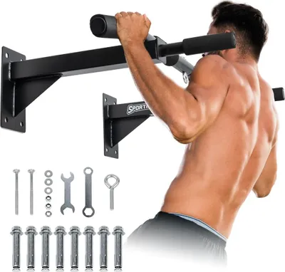 Produktbild von SPORTINATOR® Klimmzugstange inkl. Zubehör schwarz zur Wandmontage, Pull Up Bar fürs Homegym, für diverse Kraftsport Übungen geeignet, hochwertiger Edelstahl, Unisex, belastbar bis zu 150 Kg