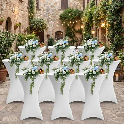 Produktbild von Ikodm 10er Set Stehtischhusse Stretch Weiß – Elastische Husse für Bistrotisch Ø 60–65 × 110 cm mit 4 Fußlaschen