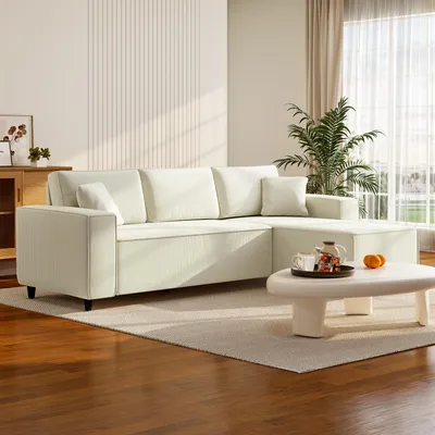 Produktbild von 3-Sitzer-Sofa mit Chaiselongue, Cordstoff Ecksofa, Polstersofa, Cremeweiß | 241 x 153 x 83 cm | bis 450 kg | Taschenfeder-Polsterung