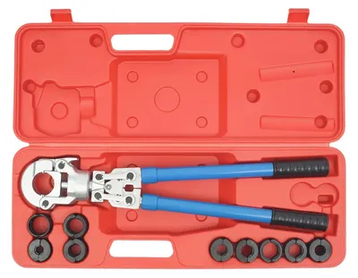 Immagine prodotto di Pinza crimpatrice manuale idraulica - Utensile per la pressatura di tubi - Set di 9 matrici - TH16-32 e V12-28 - per tubazioni e cavi - blu