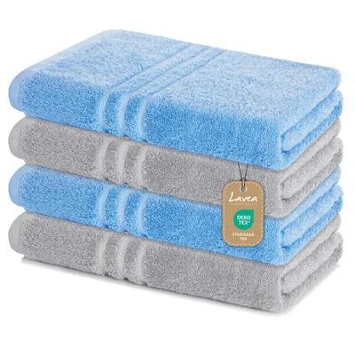 Produktbild von Lavea® 4er Set Duschtuch 70x140, 4 Stück, 100% Baumwolle Frottee, saugstark, weich und strapazierfähig, waschbar 60°C, trocknergeeignet, Handtuch, Handtücher, Duschtücher, Delphinblau & Silber