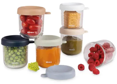 Image de BÉABA, ensemble de 6 pots de conservation pour les repas de bébé, en verre résistant aux chocs, 100% étanche, résistant à la chaleur et au froid, adapté au congélateur, stérilisable, gradué, 250 ml, modèle "Natural"