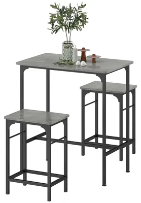 Image de Table de bar et 2 tabourets, ensemble de table de bar 3 pièces, gris, style industriel, panneau de particules, acier, tabourets escamotables | Structure en H | Capacité jusqu'à 120 kg | 80 x 50 x 87 cm