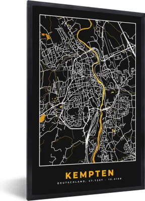 Produktbild von MuchoWow® Gerahmtes Poster Stadtplan - Deutschland - Gold - Kempten - Karte 20x30 cm - Poster mit Schwarzem Bilderrahmen Wandposter Rahmen Foto Bilder - Drucken - Bilder Poster im Rahmen