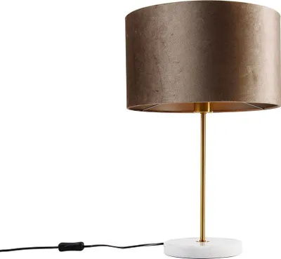 Produktbild von QAZQA - Klassisch I Antik Tischleuchte I Tischlampe I Lampe I Leuchte Messing mit Samtschirm Taupe 35cm - Kaso I Wohnzimmer I Schlafzimmer - Stahl Länglich I Rund - LED geeignet E27