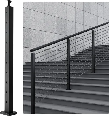 Immagine prodotto di VEVOR paletto per ringhiera a cavo, 91,4x5,1x5,1 cm, acciaio, foro angolato a 30°, 10 fori preforati, paletto per ringhiera in acciaio inox SUS304 con staffa curva, confezione da 1 pezzo, nero, 1JZLGZ91455HV8GHUV0