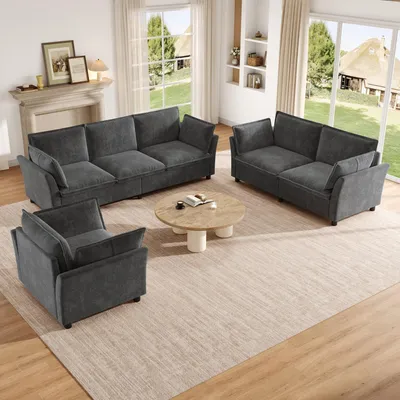 Produktbild von MODFU Modulares Big Sofa ,6-Sitzer Ecksofas,Sitzgruppe mit Zweisitzer,Dreisitzer und Sessel,Armlehnen mit 2 Kissen,Wohnzimmer-Sofakombination,Chenille,Grau