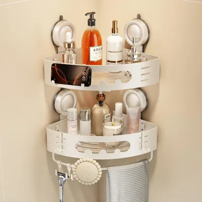 Image de Étagères de douche sans perçage, lot de 2, triangulaires, blanches, pour salle de bain