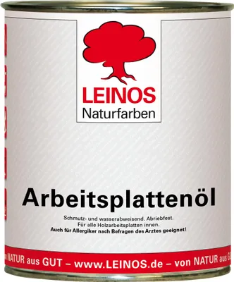 A can of LEINOS Naturfarben Arbeitsplattenöl.