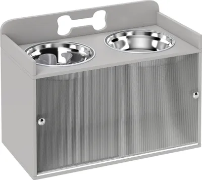Produktbild von Erhöhte Futterstation mit 2 Näpfen und Schrank, MDF, Edelstahl, Knochenmuster, Grau