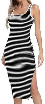 Produktbild von Sommerkleid im Midi-Länge – gestreift, eng anliegend mit eckigem Ausschnitt