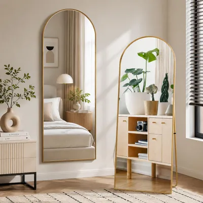 Produktbild von INONEFT Ganzkörperspiegel 177×77 cm, Bogenförmiger Standspiegel, Wandspiegel, Hängend oder Lehnend an die Wand, für Schlafzimmer Wohnzimmer, Gold, KI-generiertes Bild