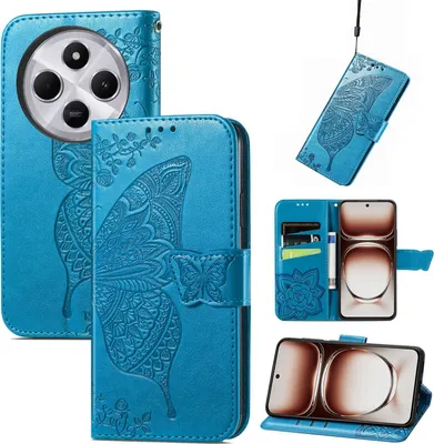 Produktbild von Für Xiaomi Redmi 14C Kunstleder Wallet Handy Tasche Schmetterling Design Hülle Etuis Blau