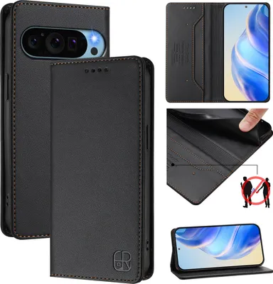 Obrázek produktu pro Kožené pouzdro pro Google Pixel 9 Pro XL, flipové pouzdro s přihrádkami na karty, peněženkou a stojánkem Černý
