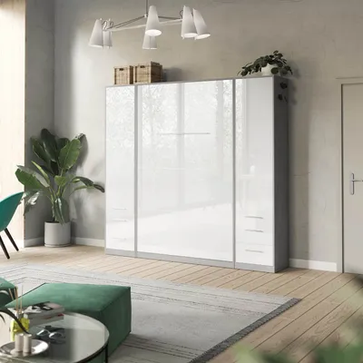 Produktbild von SMARTBett Wohnwand Set mit Schrankbett Standard 140x200 Vertikal + 2 x 50-Schränke Beton/Weiss Hochglanz